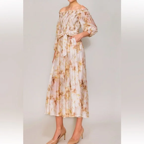 MELLODAY Cream Smocked Off the Shoulder Organza Midi Dress - Picture 2 of 16